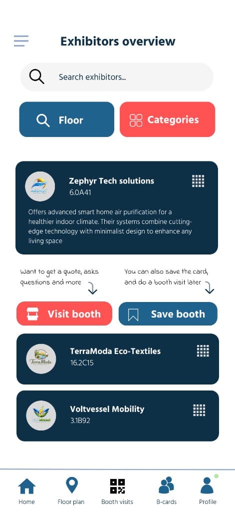 Exhibitors overview with search, floor and category filters, and booth detail cards
