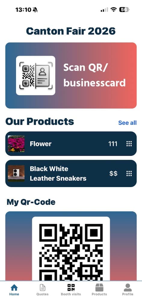 Canton Fair 2026 app home screen with bottom navigation: Home, Quotes, Booth visits, Products, and Profile