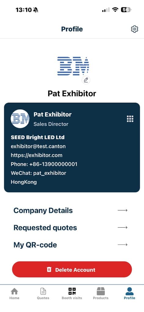 Profile screen with user details and red Delete Account button above the bottom navigation